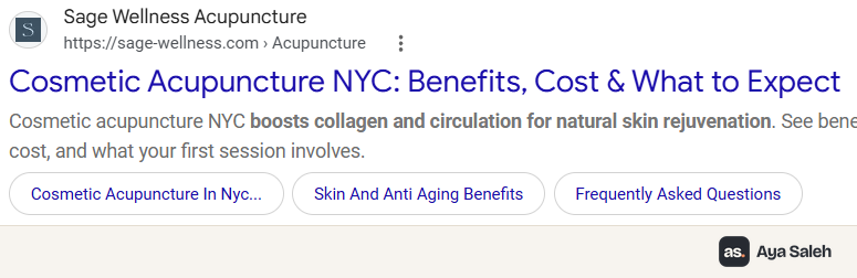 Google result: Cosmetic Acupuncture NYC with sitelinks