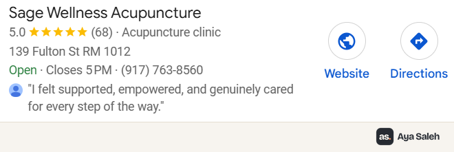 Google map pack: Sage Wellness Acupuncture, 5.0 stars from 68 reviews