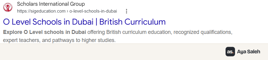 Google result: O Level Schools in Dubai, British Curriculum
